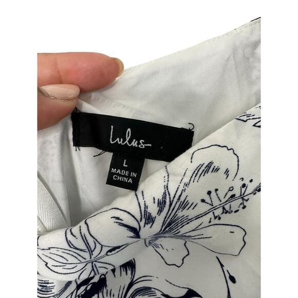 Lulus Dress‎ Blue White Tropical Sunshine White Floral Print Tiered Midi Large - Picture 4 of 16